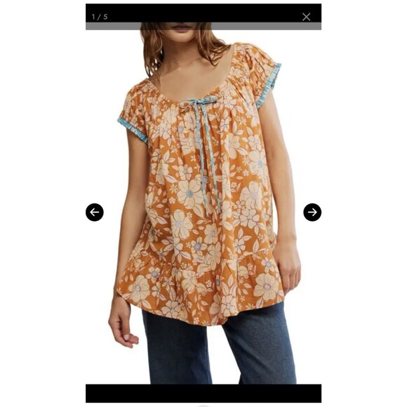 Free People Frankie Floral Peasant Tie Neckline Tunic Top XS New Boho Cotton - Picture 11 of 15